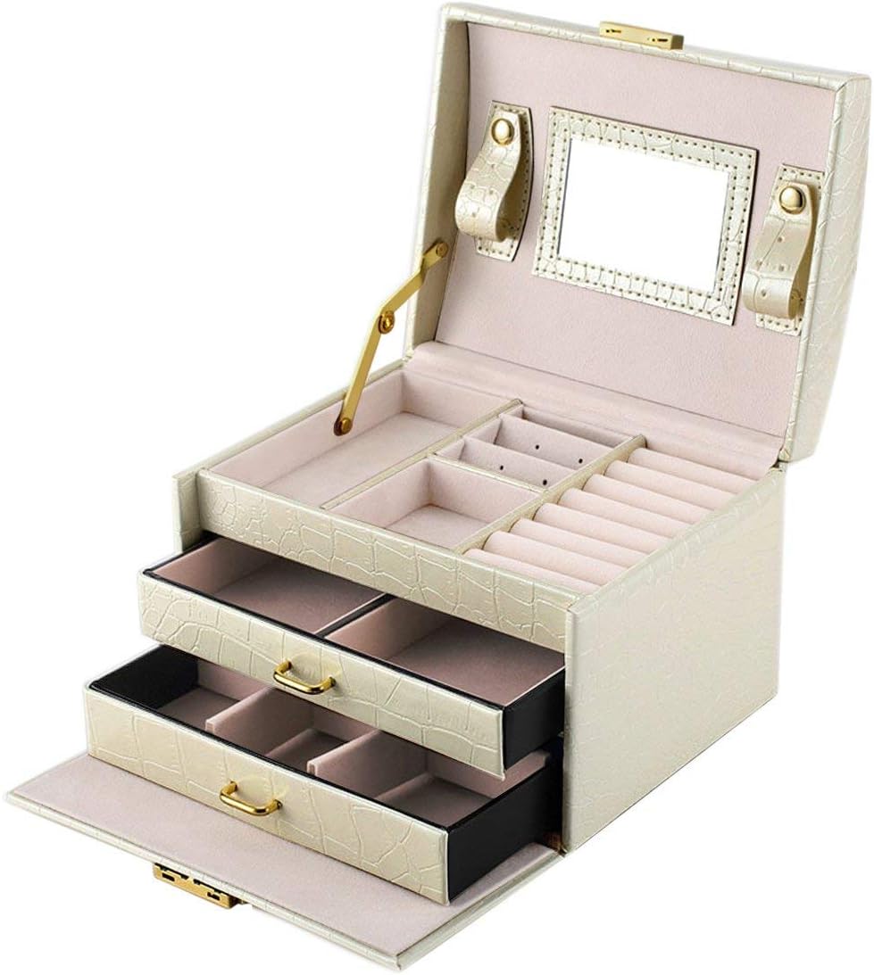 JOJJJOJ Jewellery Box Jewellery Oganiser Three Layers PU Leather Jewelry Storage Box with Mirror and Lock for Girls and Women's Gift (Color : Multi-colored)