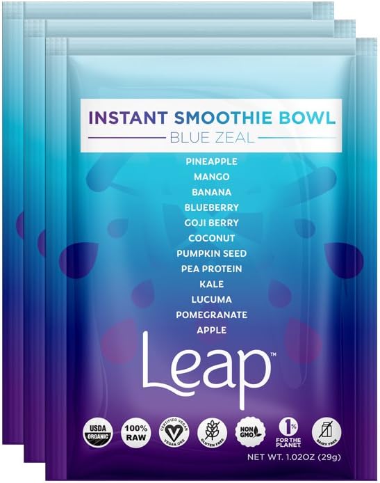 6oz Breakfast Bowl - 3 Pack - Organic Healthy Whole Fruit & Vegetable Powder - Nutritious Raw Non-GMO Superfoods & Natural Instant Vegan Protein Mix - No Sugar Added (Leap Blue Zeal)