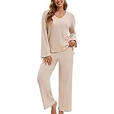 LEYSHE Lounge Sets for Women 2 Piece Ribbed Knit V Neck Long Sleeve Wide Leg Pants Loungewear Pajamas Fall Winter Outfits