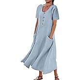 AUDATE Women's Plus Size Short Sleeve Casual Cotton Linen Long Dress Crew Neck Button Summer Beach Maxi Dress