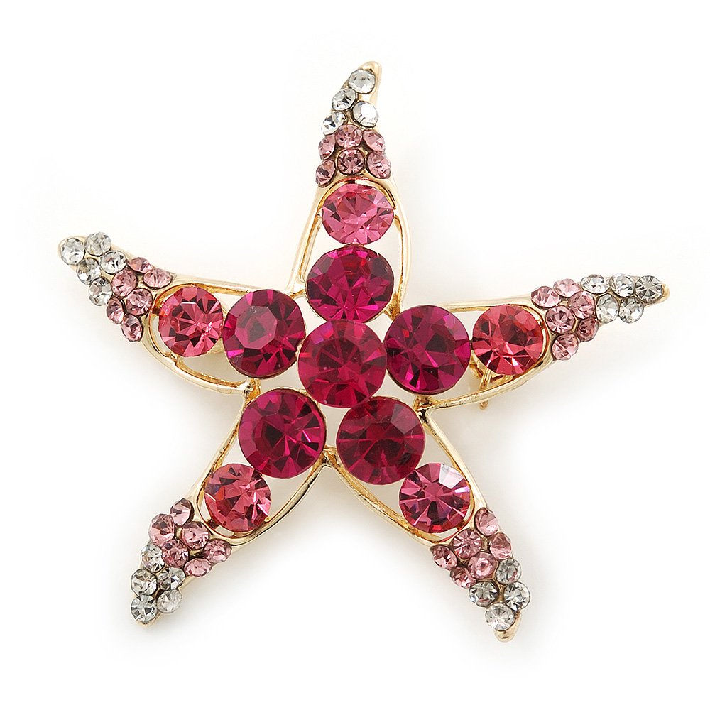 Fuchsia/Pink/Clear Crystal 'Starfish' Brooch In Gold Plating - 48mm Width