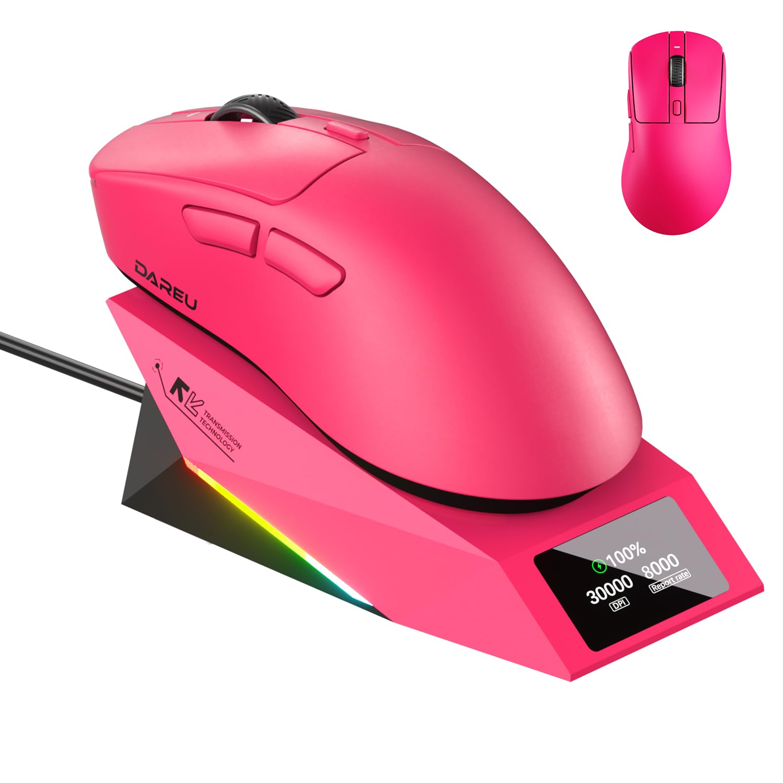 DAREU AE7 Pro Wireless Gaming Mouse with Charging Dock, 8K Polling, 30K DPI Custom P3950 Sensor, 62g Lightweight Right-Handed Mouse w/Tri-Mode connectivity,6 Programmable Buttons