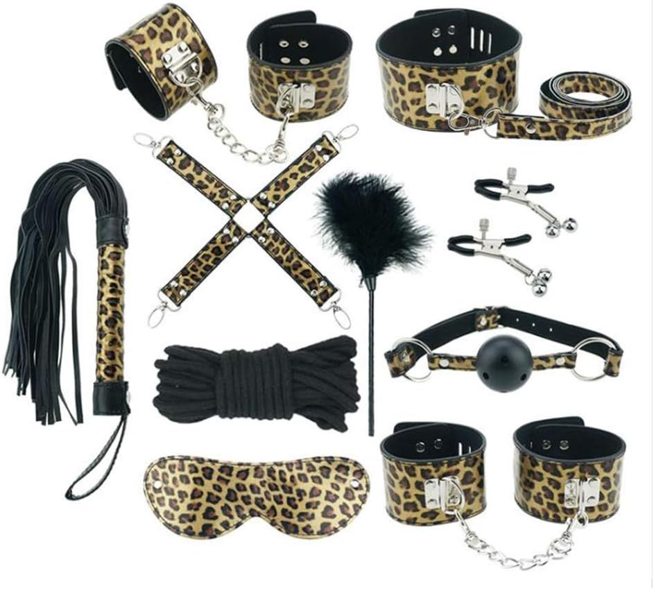 Leopard Print S.E.X Accessories-10 Pcs Special Bundled Binding Set Pu Leather Sm Kit New Plush Sexy Toy Suit for Couple