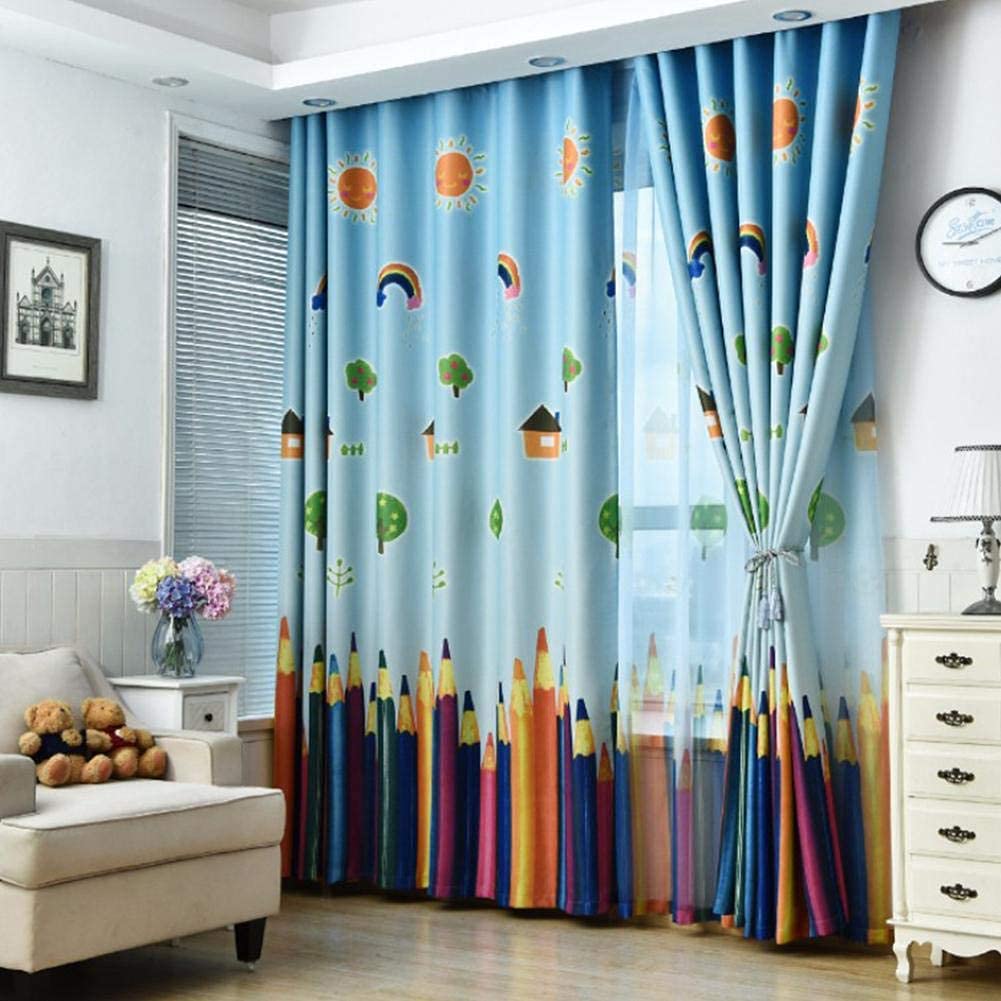 Wifehelper Window Curtain Cartoon Pencils Pattern Sheer Drape Curtain Child Kids Room Bedroom, Cartoon Colored Pencils Printing Room Darkening