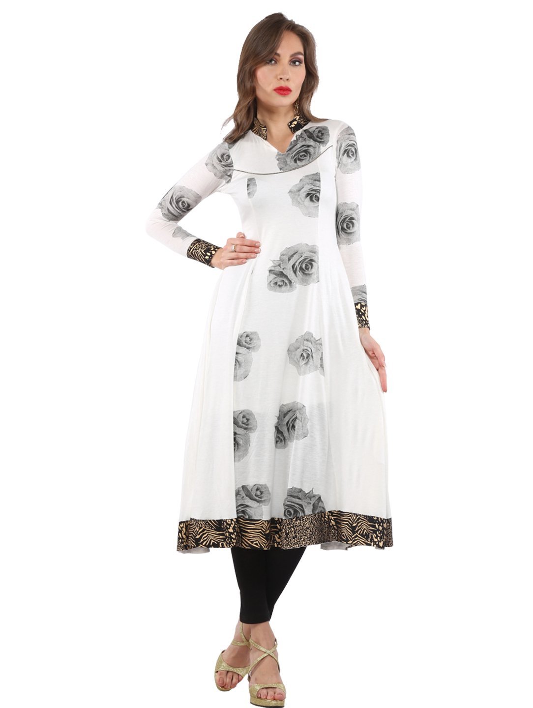 Ira Soleil White Print Poly Knit Stretch Women Long Anarkali
