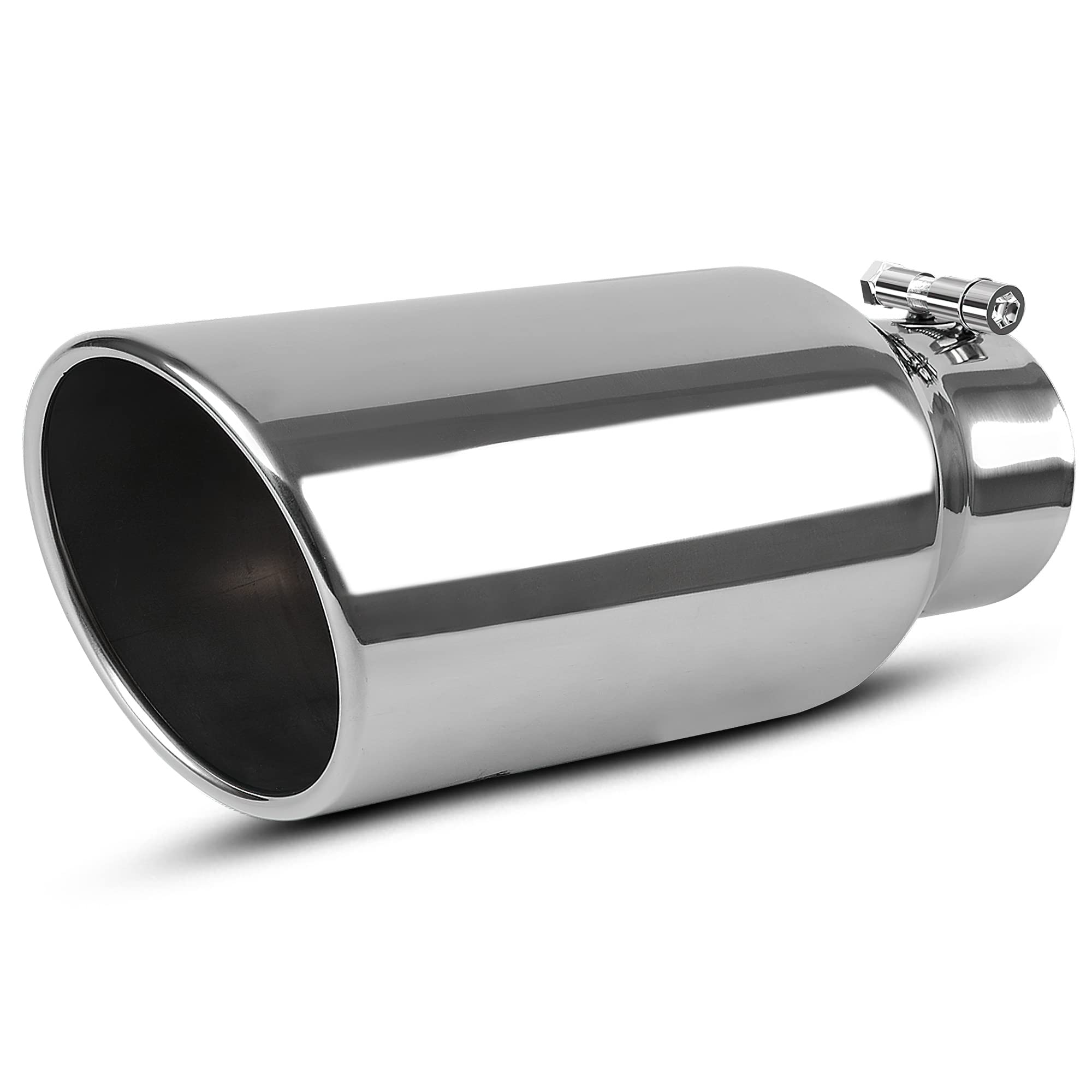 AUTOSAVER88 4 Inch Inlet Exhaust Tip, 4" Inlet 6" Outlet 15" Long Chrome Polished Finish Stainless Steel Universal Exhaust Tail Tip for 4" Outside Diameter Tailpipe, Rolled Angle Cut, Bolt On, Silver Image