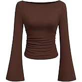 TITOMD Women's Bell Long Sleeve Shirts 2026 Spring Boat Neck Crop Going Out Trendy Tops Ribbed Ruched Y2K Clothes