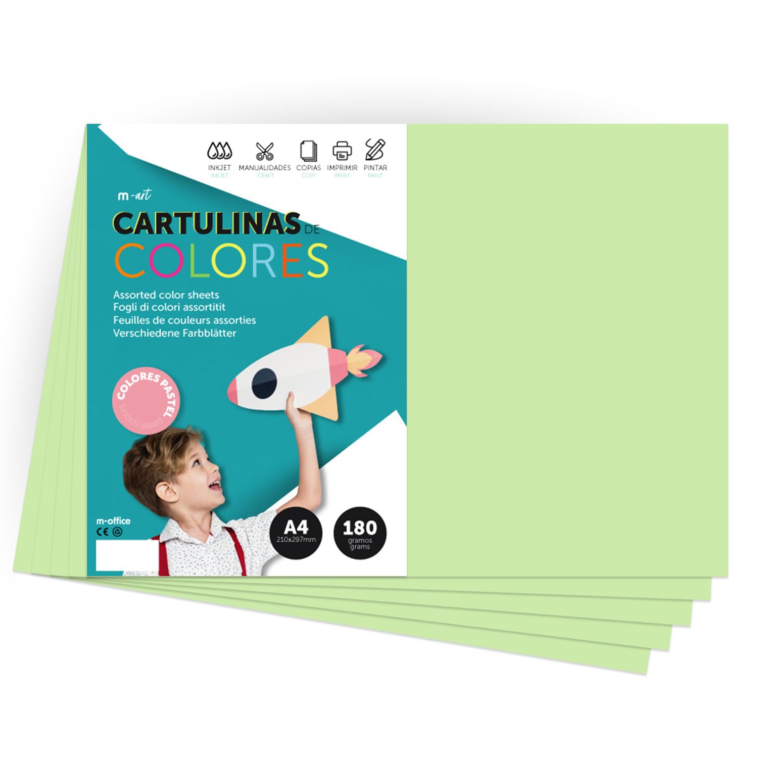 A4 Pastel Coloured Card 180g for Crafts, Printing Your Documents and Creative Designs Pastel Colours A4 m-office (x50, Light Green)