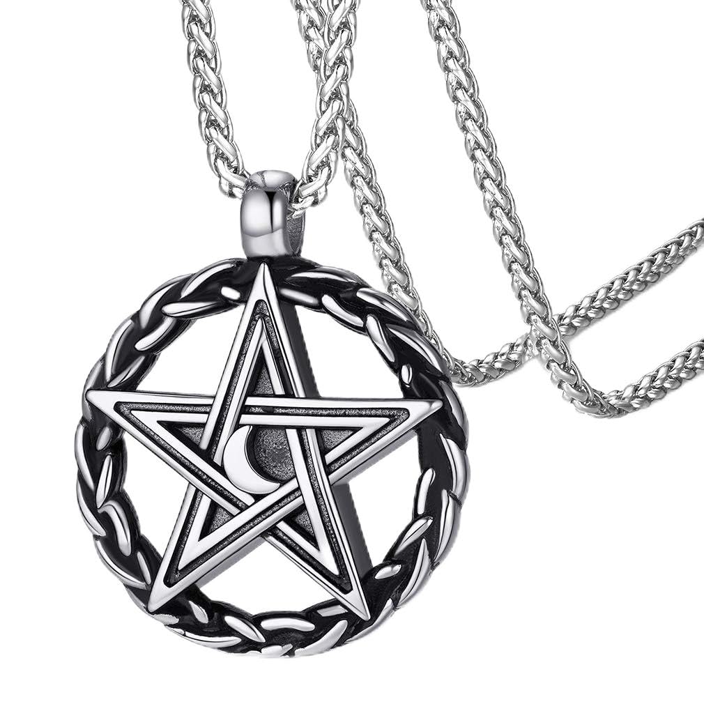 FaithHeart Pentagram Necklaces for Teens Ancient Wicca Jewellery Pentacle Pendant Silver Pagan Necklace Chain Stainless Steel Witch Charm Amulet Gift for Christmas
