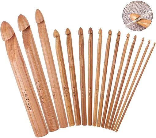 Bambus Häkelhaken,15 Stück Holz Häkelnadel Stricknadeln Set Kit