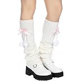 Psiriol Y2k Harajuku Ribbed Knitted Long Socks, Leg Warmers for Women, Japanese Style Knitted Warm Bow Socks with Pom-Poms, White Slouch Sock