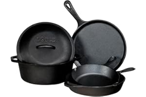 Lodge Seasoned Cast Iron 5 Piece Bundle. 10.5" Griddle, 8" Skillet, 10.25" Skillet, 10.25" Dutch Oven, and 10.25" Lid,Black