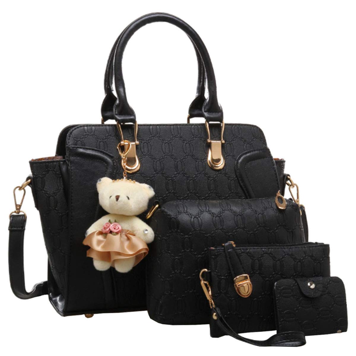 FiveloveTwo Women Ladies 4Pcs Handbag Set Tote Satchel Shoulder Bag PU Top Handle Bag Purse Clutch Card Holder with Bear Ornament Black