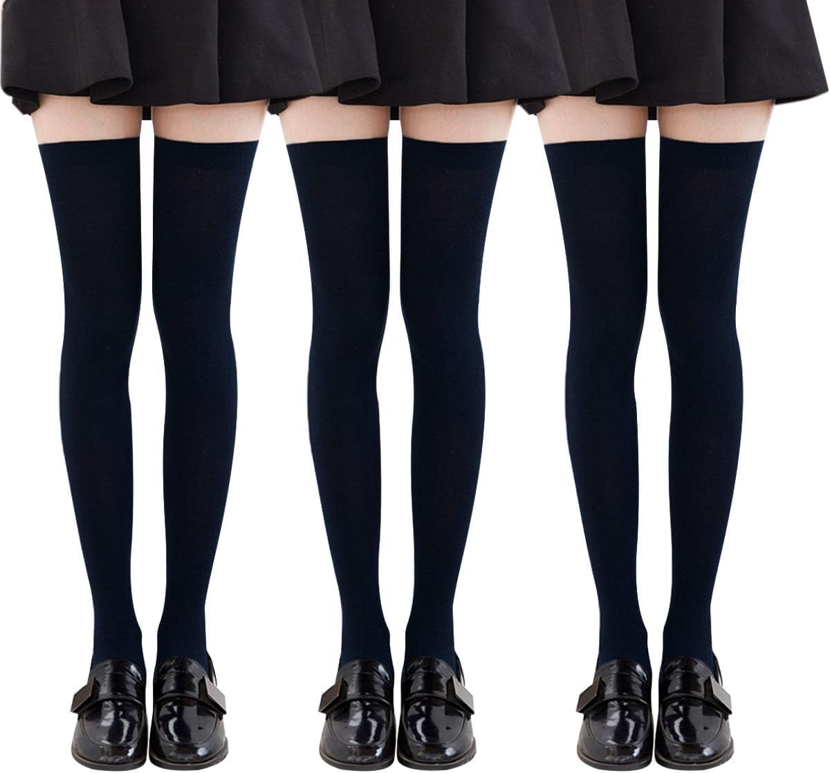 YSense Beau 3 Pairs Womens Knee-High Socks stretchy striped Stocking Thigh High Socks Black