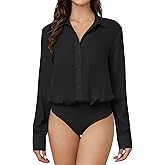 TQD Women Button Down Bodysuit Long Sleeve Collared Shirt Satin Blouse Bodysuits Tops Business Casual Office Professional