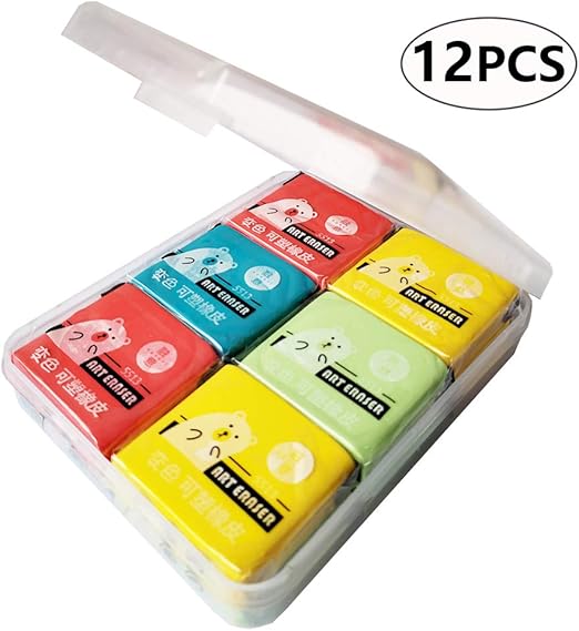 Kneaded Eraser，Sketch Eraser,Multiple Uses,12 Packs Average 4 Colors