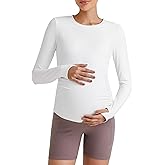 G4Free BareFeel Maternity Long Sleeve T Shirts Crewneck Ruches Pregnancy Workout Tops with Thumbholes Altheltic Yoga Tee