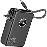 ROCKYA Portable Charger with Built-in Cables,LED Display and AC Wall Plug,USB C PD 22.5W Fast Charging Power Bank,Travel Essentials 10000mAh Battery Pack Compatible with iPhone,iPad,Samsung,etc