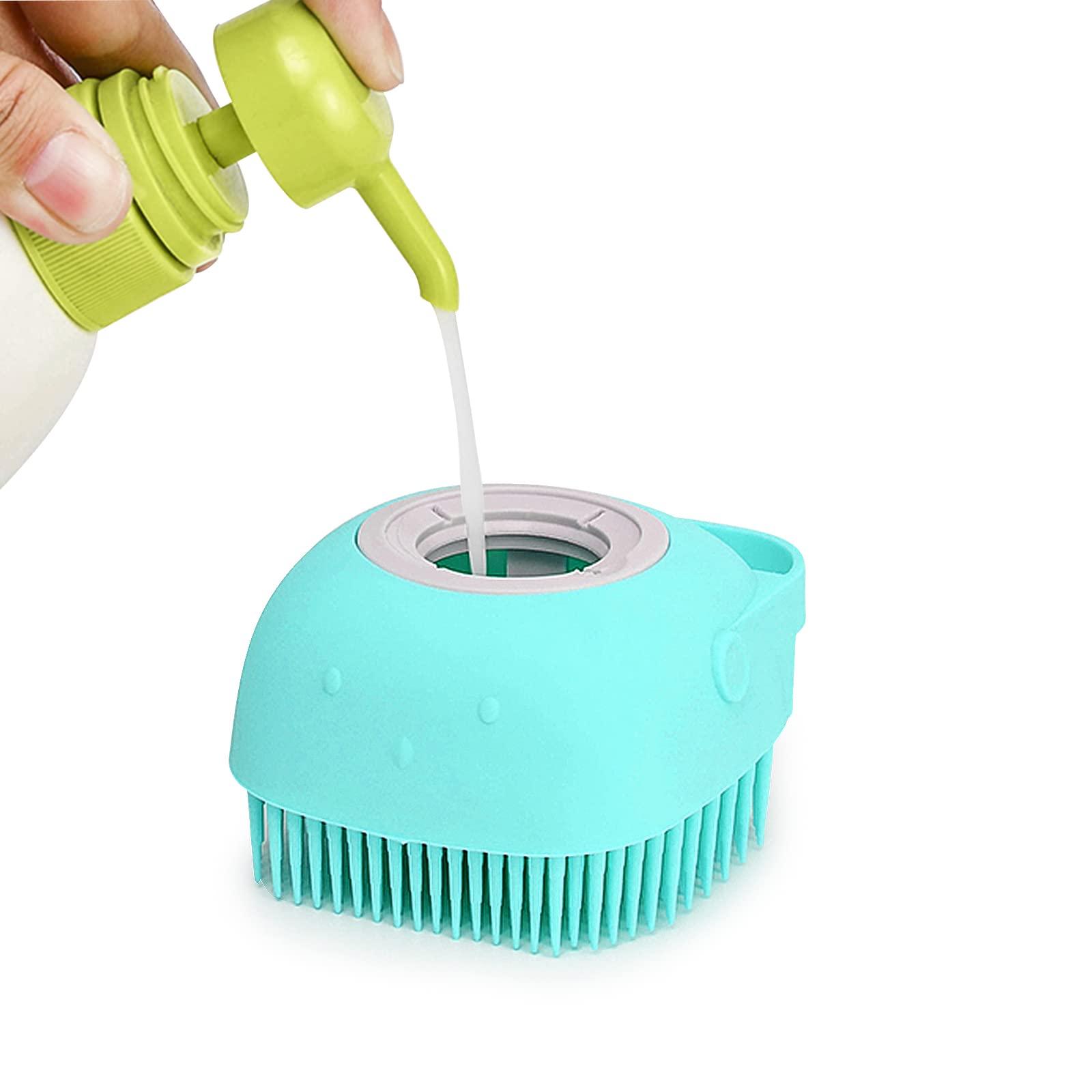 KiAKUO Pet Massage Brush Dog Silicone Rubber Bathing Brush with Shampoo Dispenser for Dogs, Cats Silicone Massage Bath Brush for Pet Shower (Blue)