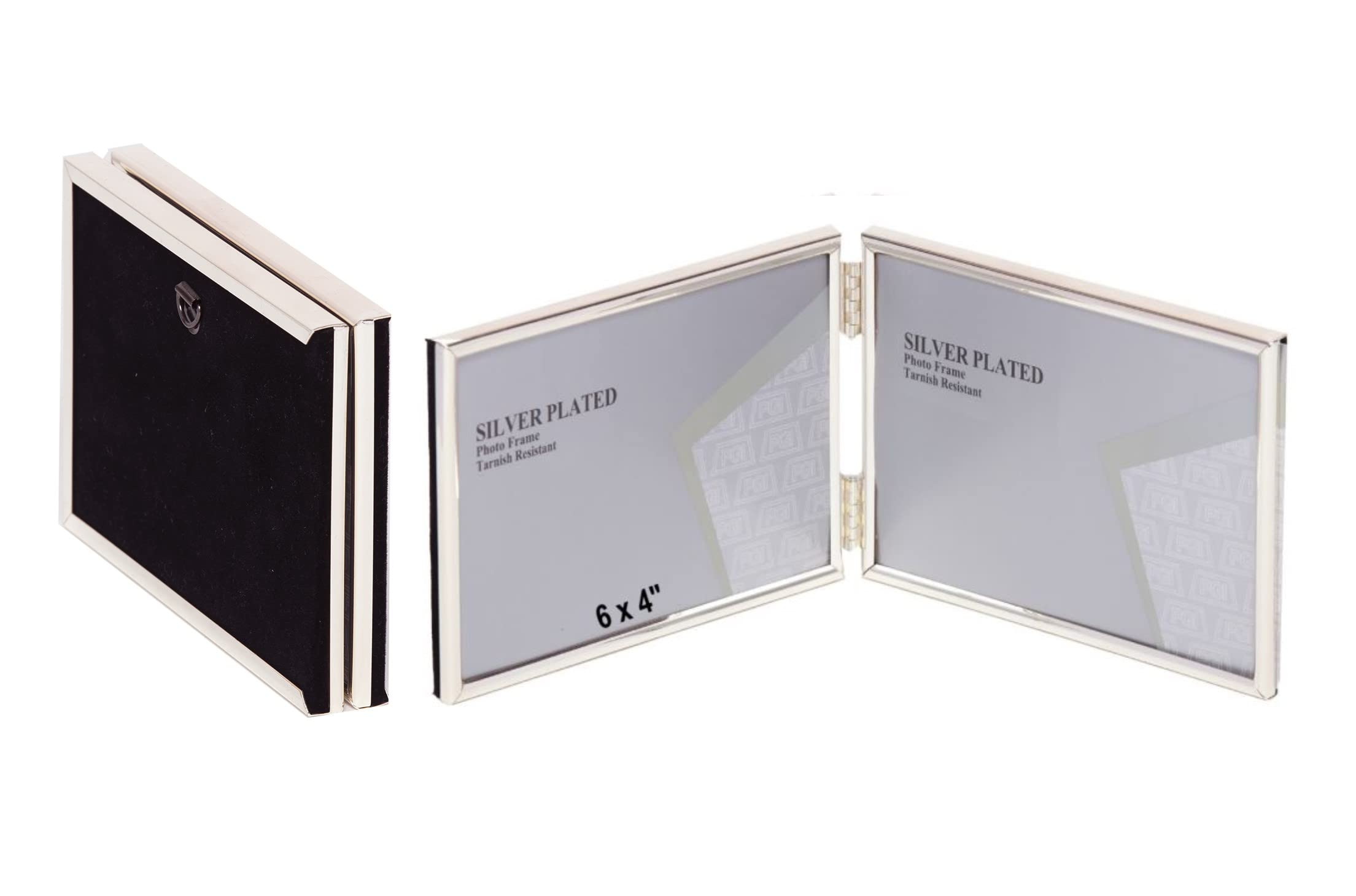 6 x 4-inch Silver Thin Edge DOUBLE LANDSCAPE Photo Frames with hooks, can stand and hang - Velveteen Backing - Tarnish Resistant (6 x 4-inch)