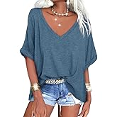 Langwyqu Women's Oversized T Shirts V Neck Short Sleeve Summer Casual Loose Tops Tees