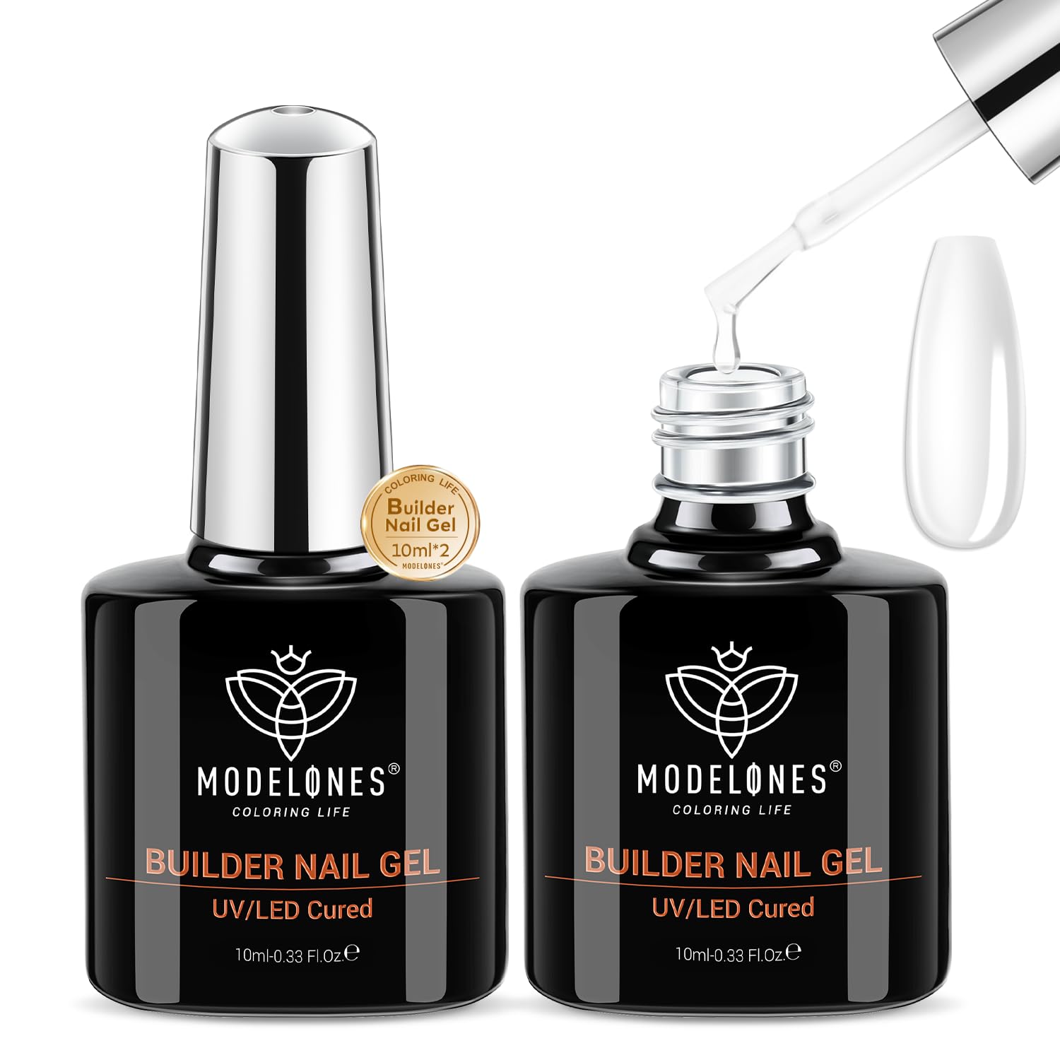 modelones Builder Nail Gel, 2 Pcs Clear Builder Nail Polish for Thickening Strengthener Apex Building Extension Rhinestone Glue Gel Polish in a Bottle for DIY Home Salon Gifts 10ml LED Lamp Cured