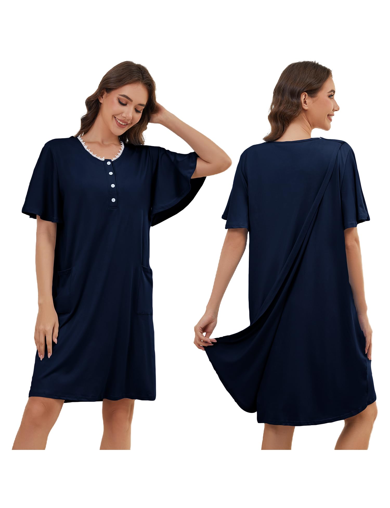 Photo 1 of CARANXTEX Hospital Gowns for Women Open Back Ruffle Sleeve Dress Post Surgery Tear Away Adaptive Nightgowns with Pockets Navy Blue XX-Large