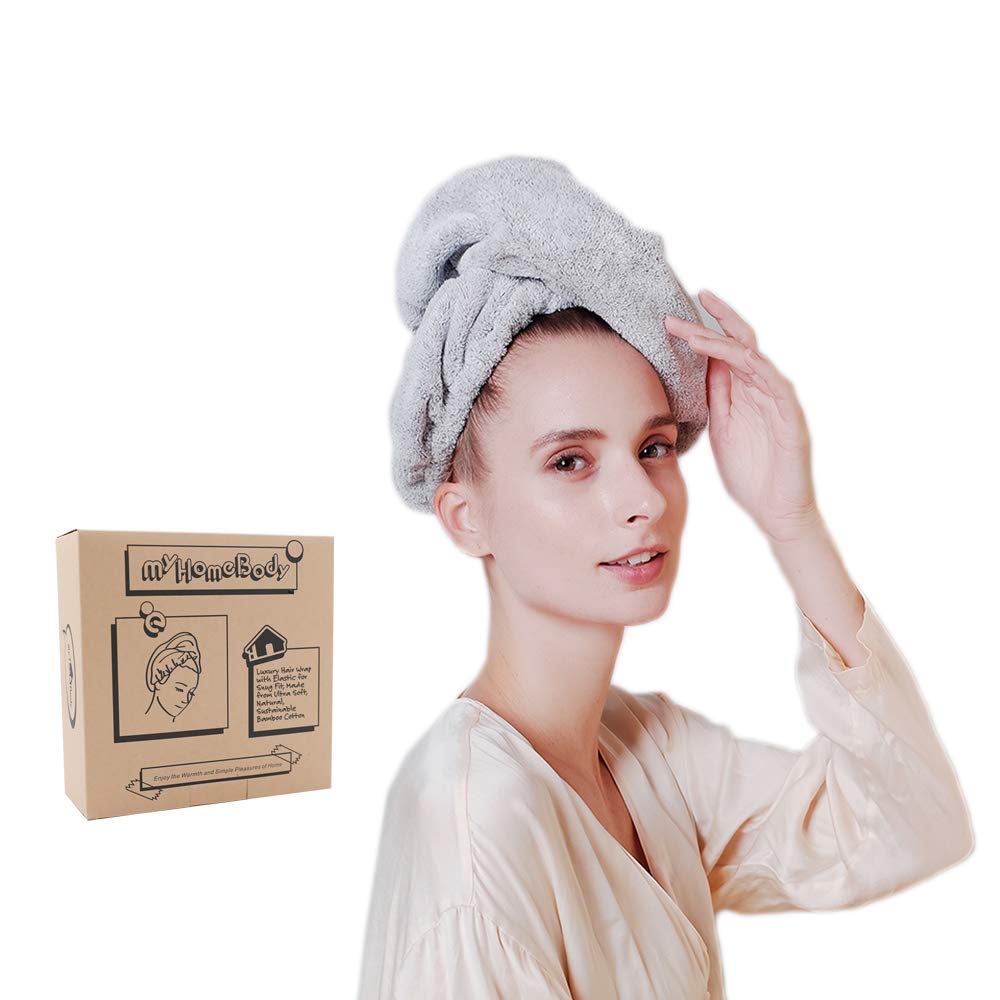 myHomeBody Ultra-Soft, Fast Drying Hair Towel Wrap with Elastic for Snug Fit, Natural Bamboo Fiber Hair Drying Scrunchie with 2 Coconut Shell Buttons : Beauty