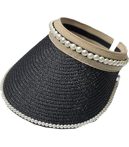 NWT Handmade Radiant Pearl-Trim Straw Visor Sun Hat Natural/Black Straw Visor Hat: Wide Brim Sun Hat With Black Ribbon Bow  main image 2