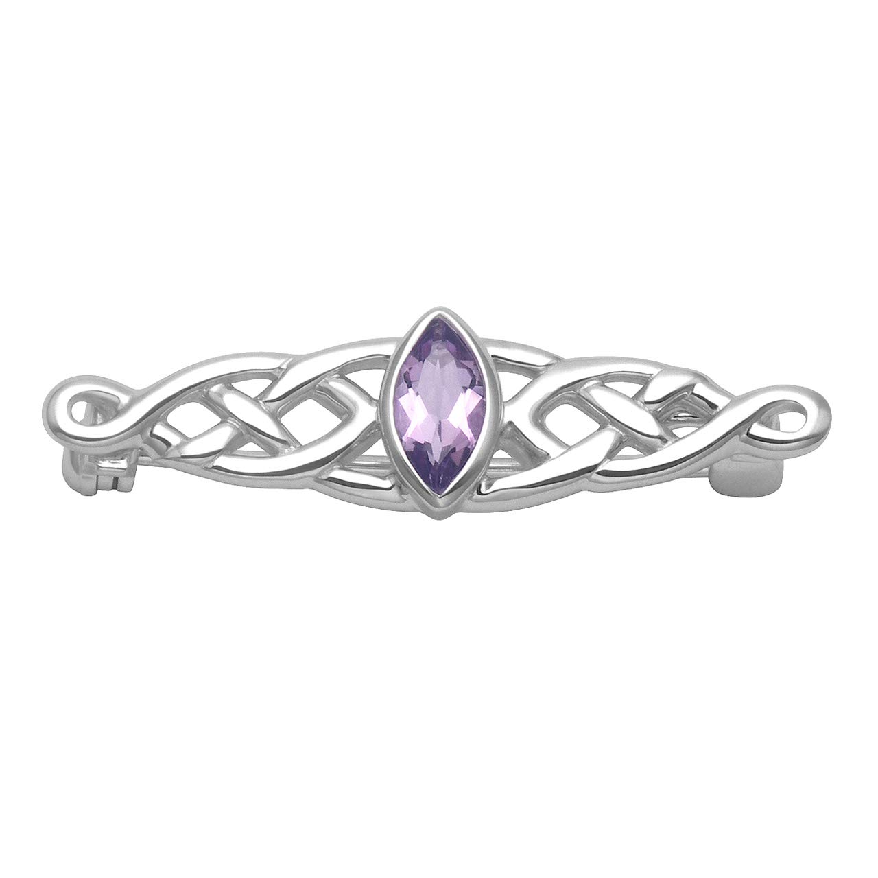 Heather Needham Sterling Silver Celtic Brooch - Silver REAL Amethyst Bar Brooch. SIZE: 35mm x 9mm (stone 5mm x 9mm). Gift boxed 9400AME