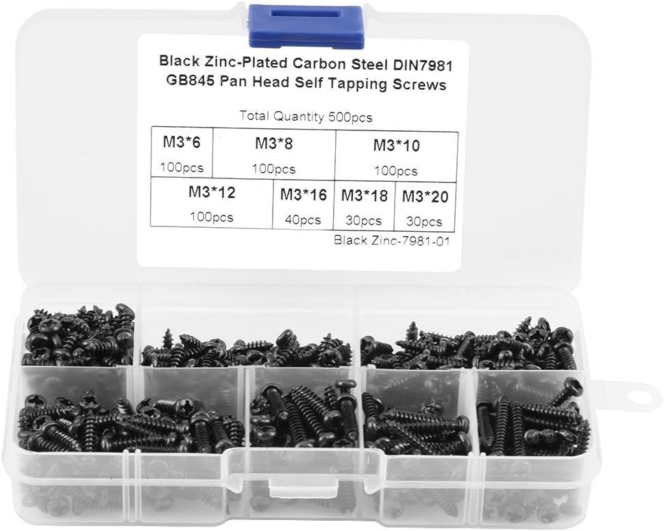 Qiilu Self Tapping Screws,500PCS M3 Drive Button Head Self-Tapping Screws Fastener Assortment Set including Plastic Box(Black carbon steel)