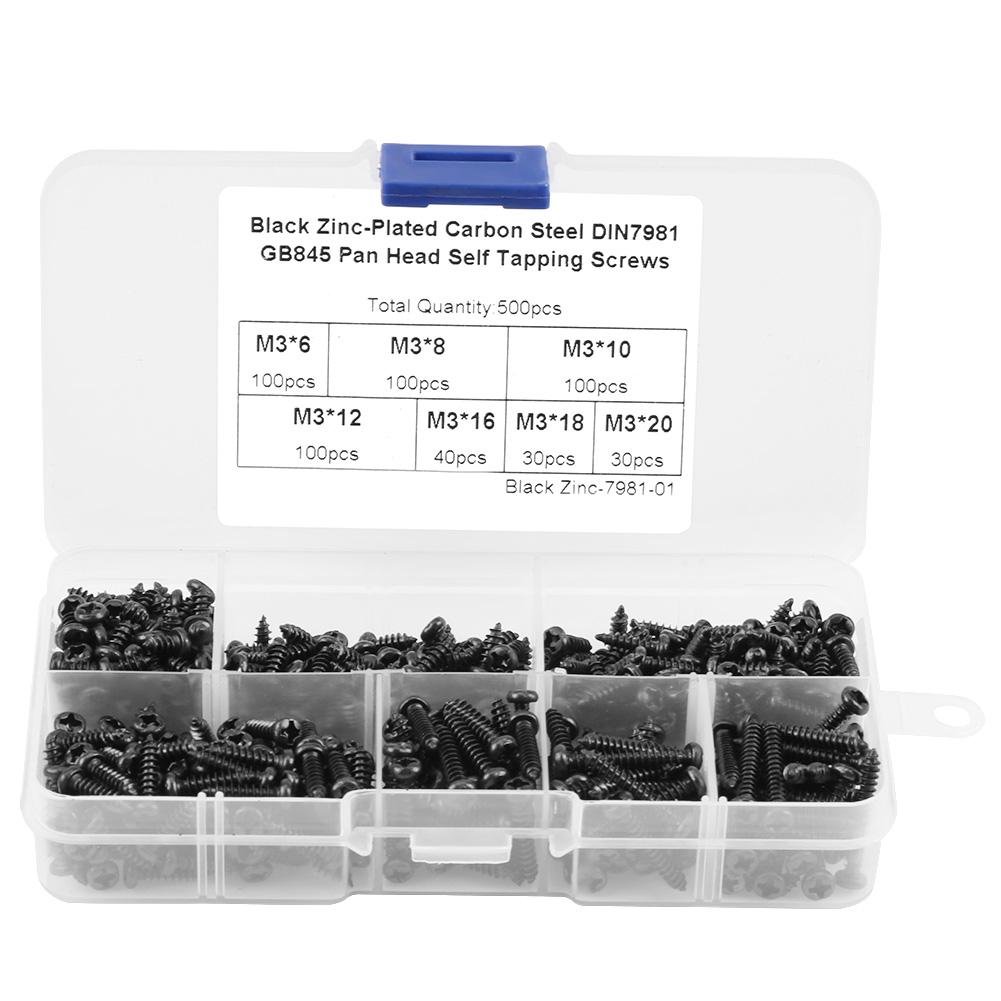 Qiilu Self Tapping Screws,500PCS M3 Drive Button Head Self-Tapping Screws Fastener Assortment Set with Plastic Box(Black carbon steel)