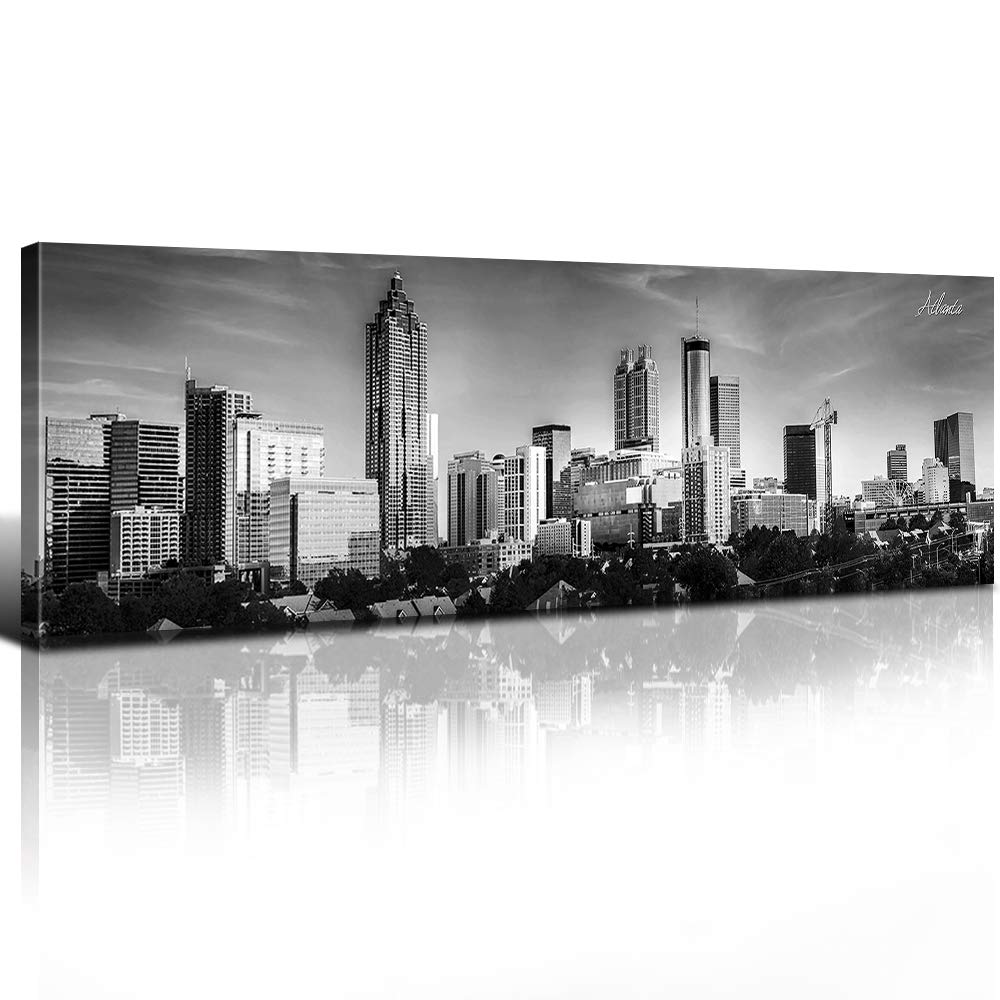 Atlanta Skyline Wall Art Black and White Cityscape Canvas Prints USA City Panoramic Pictures Wall Decor for Living Room Office Downtown Skyscraper Photography Paintings Artwork Home Decorations 14x48”