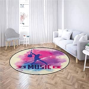 Teen Room Round Area Rug Indoor Rock Star with Guitar ...