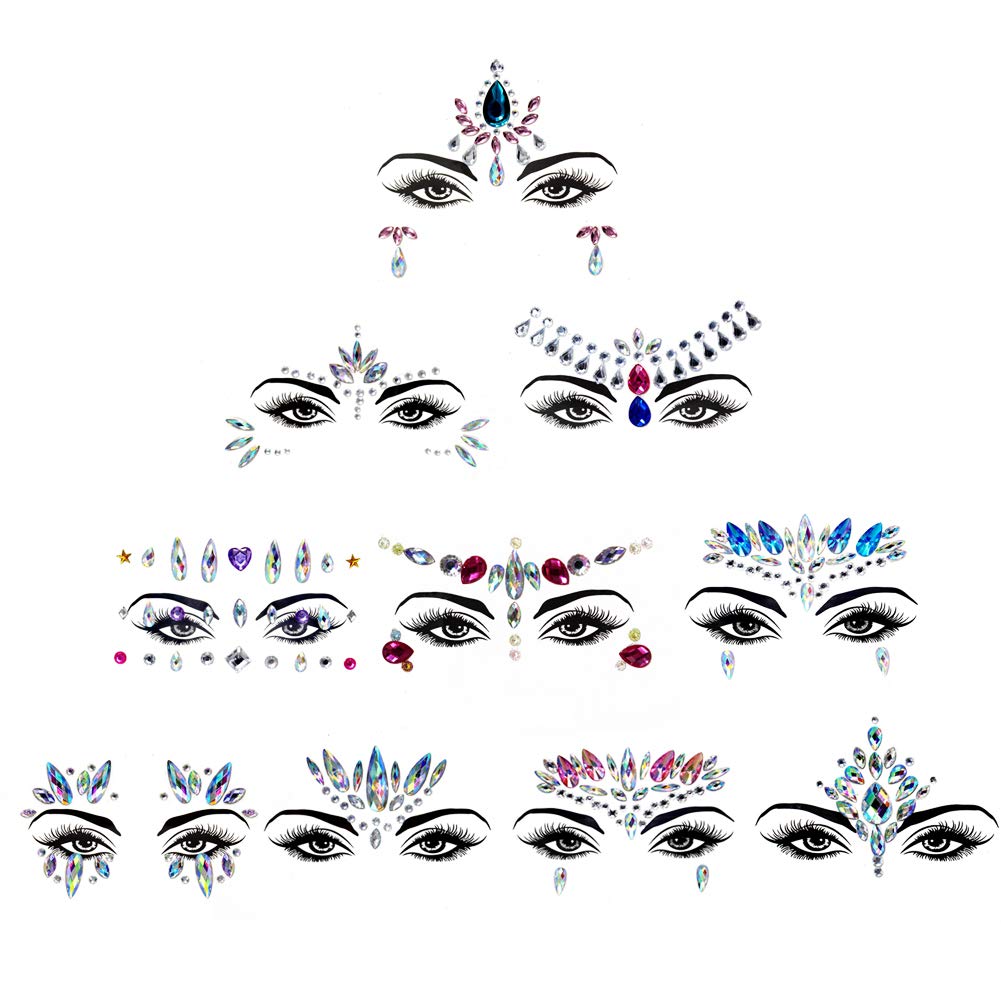 10 Sets Face Gems,Crystal Sticker Face Jewelry Glitter Rhinestone Festival Temporary Tattoo Forehead Eyebrow Decoration for Christmas Halloween Party
