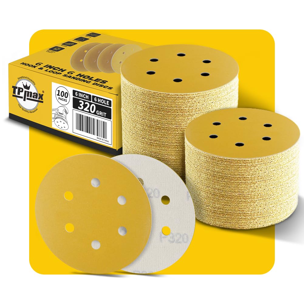 Photo 1 of 100PCS 6 Inch 320 Grit 150mm 6 Hole Sanding Discs Sandpaper - Premium Gold Round Hook and Loop for Random Orbital Sander - Ideal for Wood, Metal, Automotive