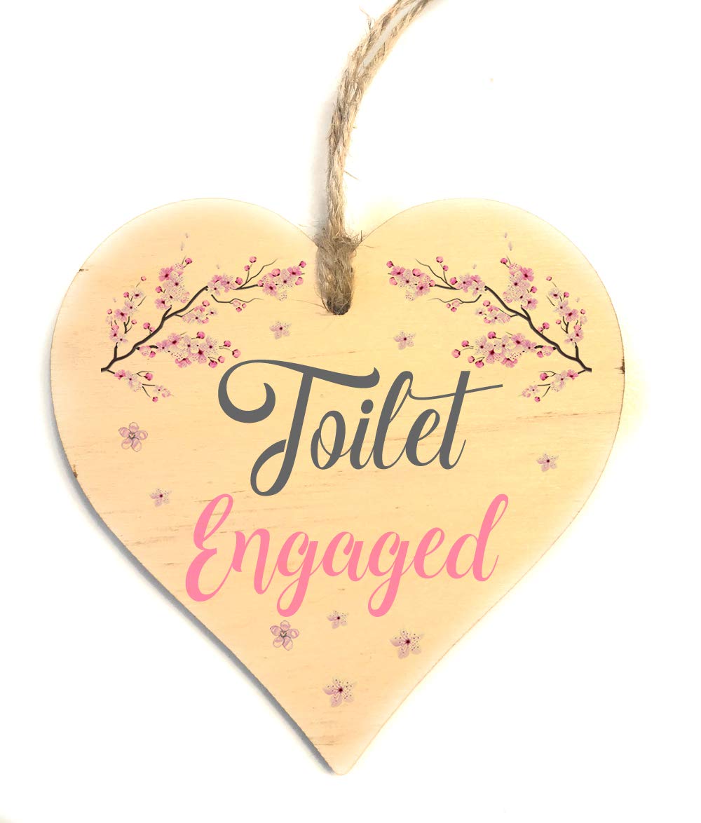 Engaged Vacant Toilet Door Sign - Double Sided Wooden Heart Shaped Plaque – Decorative Cherry Blossom Design by Maisie Moo – Includes Hanging Twine