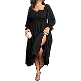 SCOMCHIC Womens Plus Size Maxi Dress Long Sleeve Square Neck Smocked Wedding Guest Flowy Split Fall Dresses with Pockets