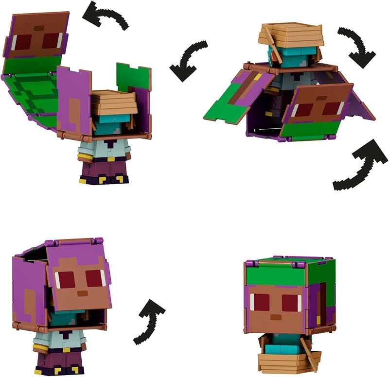 Minecraft Flippin' Figs Pack de duas figuras de ação à escala 9,5cm com cabeças grandes, figuras 2 em 1 para jogo rápido com as mãos, Efe/barco e golfinho/baú do tesouro, JCY31