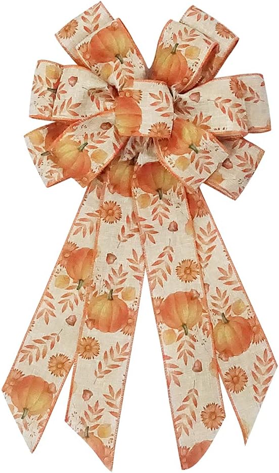 Bows & Ribbons - Large Fall Bows for Wreath, Thanksgiving Pumpkin Wreath Bows Autumn Leaves Tree Topper Bow Orange Burlap Bows Holiday Front Door Bows for Fall Thanksgiving Decorations Supplies