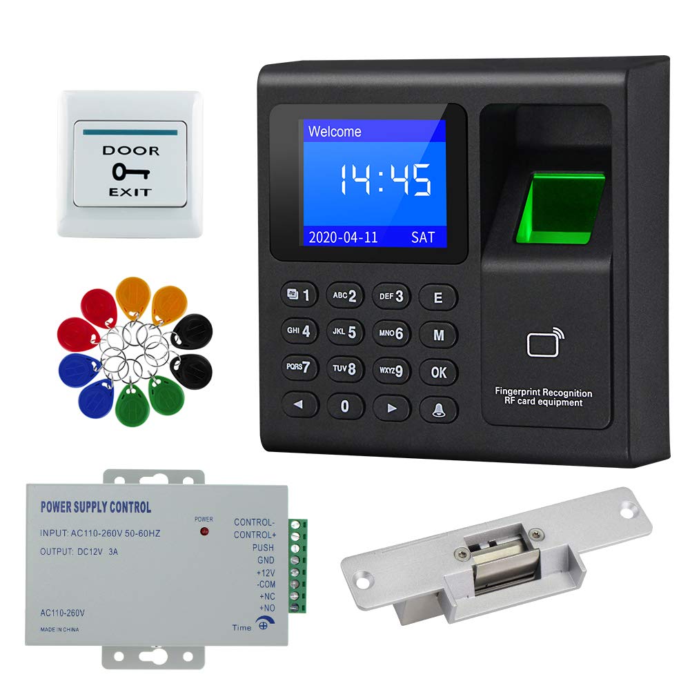 FTSTech Card Password Fingerprint RFID Door Access Control System Kit, Home Security Proximity Door Entry Keypad,10 Key Fobs,EXIT Button, (NC Electric Strike Lock)