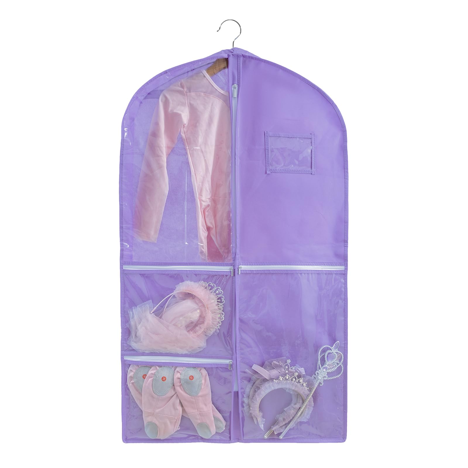 Dance Costume Garment Bags, 40" Hanging Dance Costume Garment Bag Kids Garment Bags with 3 Zippered Pockets,Clear Dance Dress Costume Cover Bag,for Dancer Girls Competition Travel,1 Pack,Purple