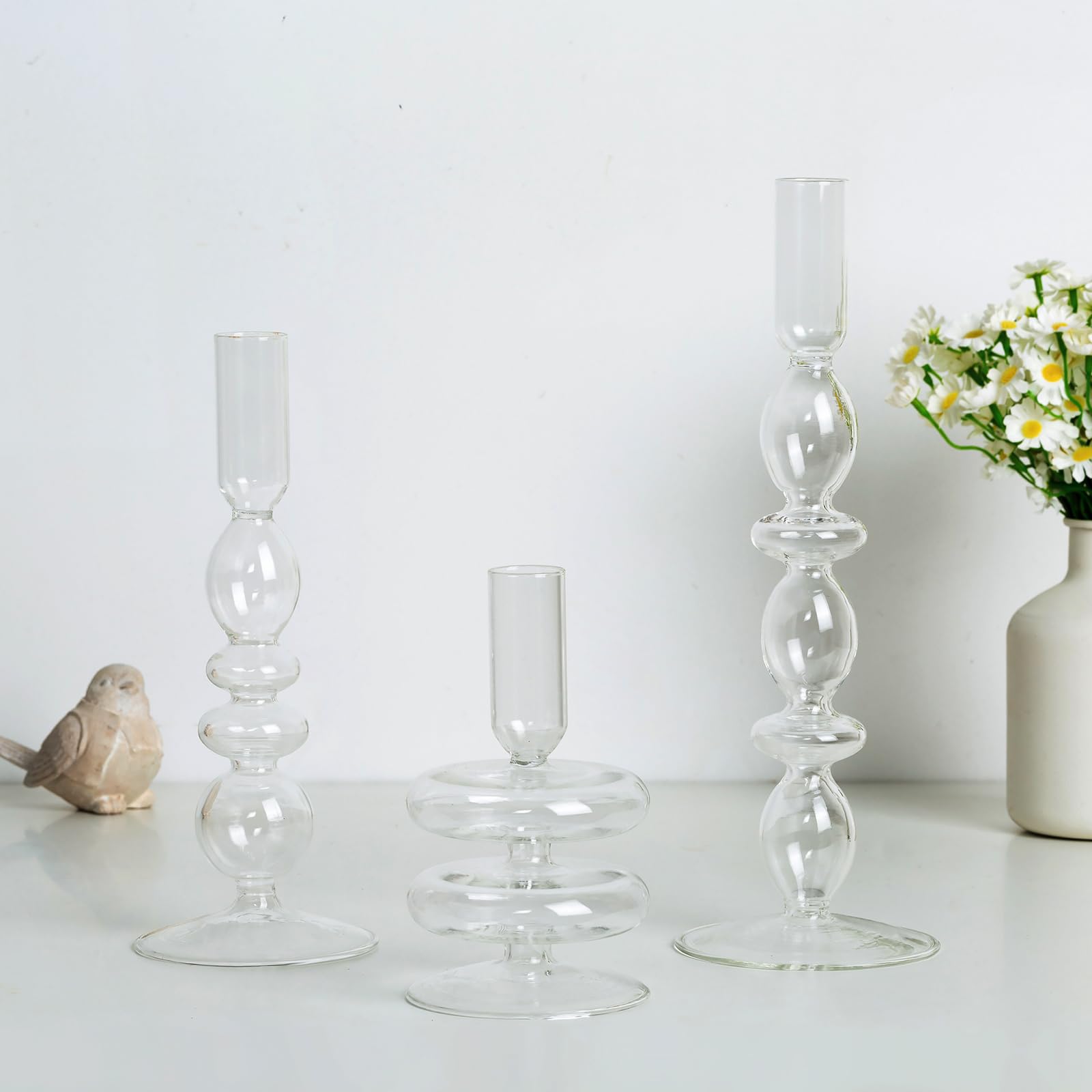 Photo 1 of **Only two** Hewory Glass Candlestick Holders: Clear Glass Taper Candle Holders Set of 3 Vintage Candle Stick Candle Holder, Colorful Glass Candle Holders for Table Centerpiece, Wedding, Dinner, Party, Home Decor