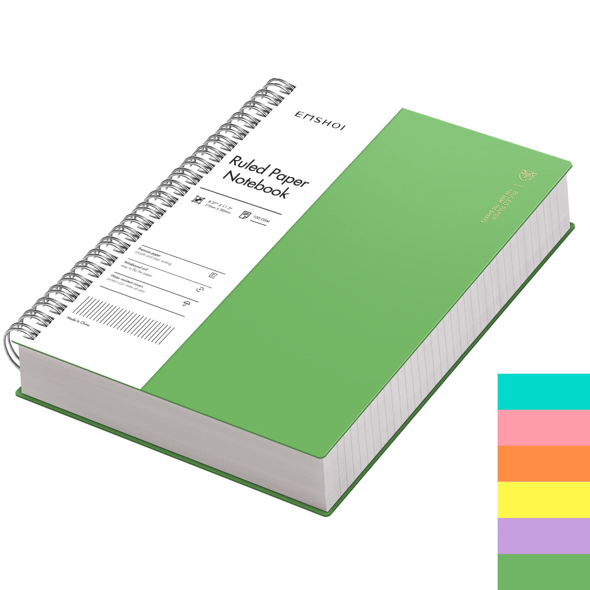 EMSHOI A4 Notebook Lined 300 Pages/150 Sheets, Wirebound Spiral Notepad, 100gsm Thick Paper, Waterproof Softcover, Writing Journal for Women Men Work Office School, 21x28.5cm, Green — image 1