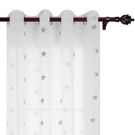 Deconovo Voile Gardinen mit Ösen Bestickte Vorhänge Vorhang Transparent Vorhang Leinenoptik 245x140 cm Stern Hellgrau