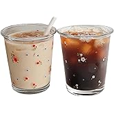 yaocoral Set of 2 12 OZ Floral Drinking Glasses French Glass Coffee Cup Cute Flower Glass Cups for Iced Coffee,Tea,Juice,Latte,Milk,Dessert,Stackable Glassware Drinkware Set(red white)
