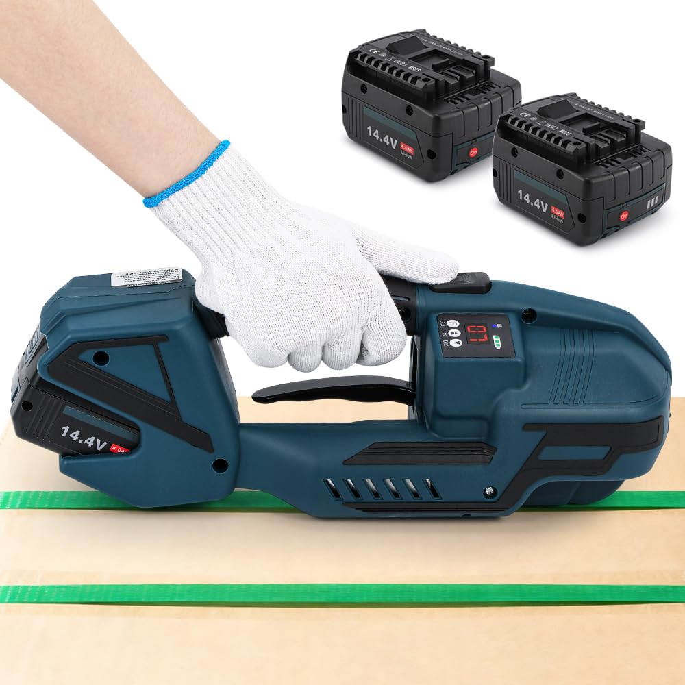 Photo 1 of Flyrivergo Electric Strapping Machine 2 x 4000mAh Battery, Automatic Strapping Tool Banding Machine for 1/2-5/8in PP PET Straps Digital Display Tensioner Kit for Warehouse Pallet & Box Packaging