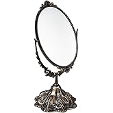 Feyarl Small Metal Vintage Makeup Mirror Floral Tabletop Oval Vanity Swivel Double Sided Mirror with Stand Elegant Decorative