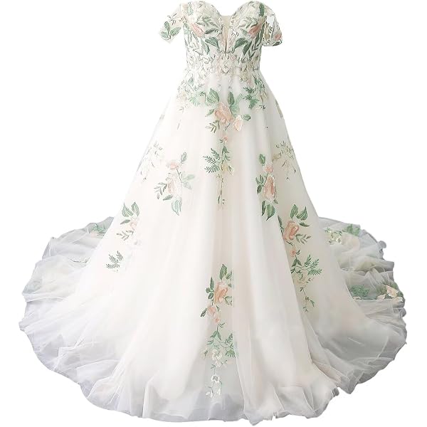 Amazon.com: Lace Tulle Wedding Dresses for Bride 2026 Floral Bridal Dress  Off Shoulder V Neck Wedding Gowns for Bride Ivory US0 : Clothing, Shoes &  Jewelry