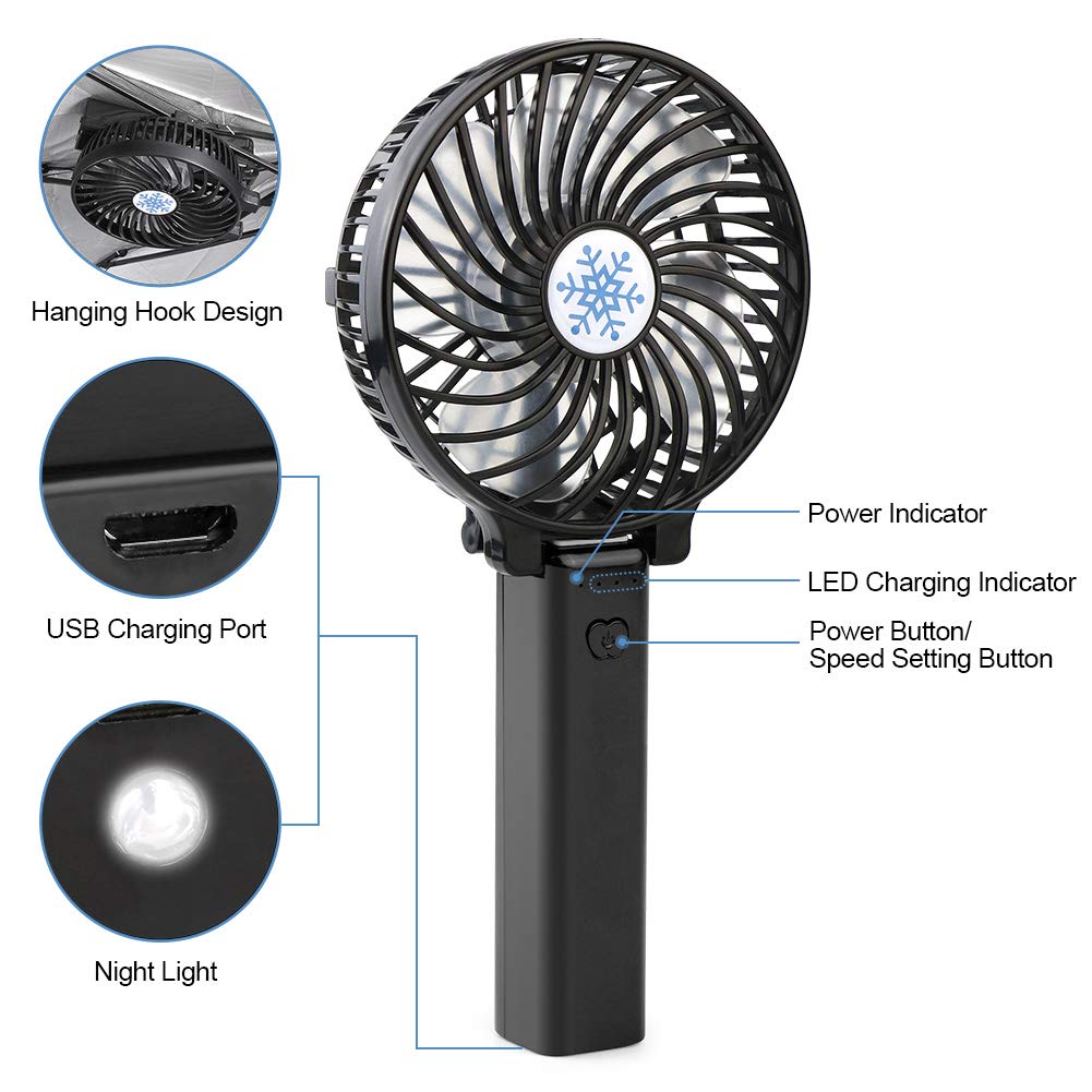 SENWOW Portable Handheld Fans, Mini Electric Fan USB Desk Fan Rechargeable Battery Powered Fan with Night Light for Home, Office, Camping and Travel (Black)